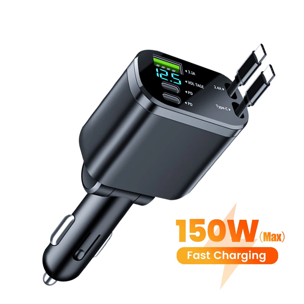 150W 5 IN 1 Retractable Car Charger with Intelligent Digital Display USB PD Type C Cable Fast Charging Adapter Cigarette Lighter Custom Life